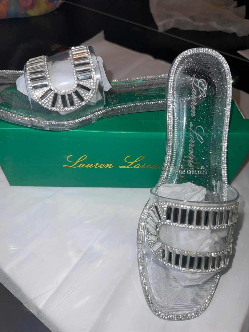 Lauren Lorraine Jane Clear Silver Crystal Embellished Jelly Slide Sandals SZ 10